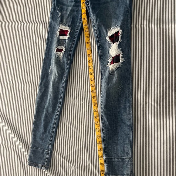 Judy Blue Distressed Skinny Jeans with Buffalo Plaid Patches - Picture 3 of 5